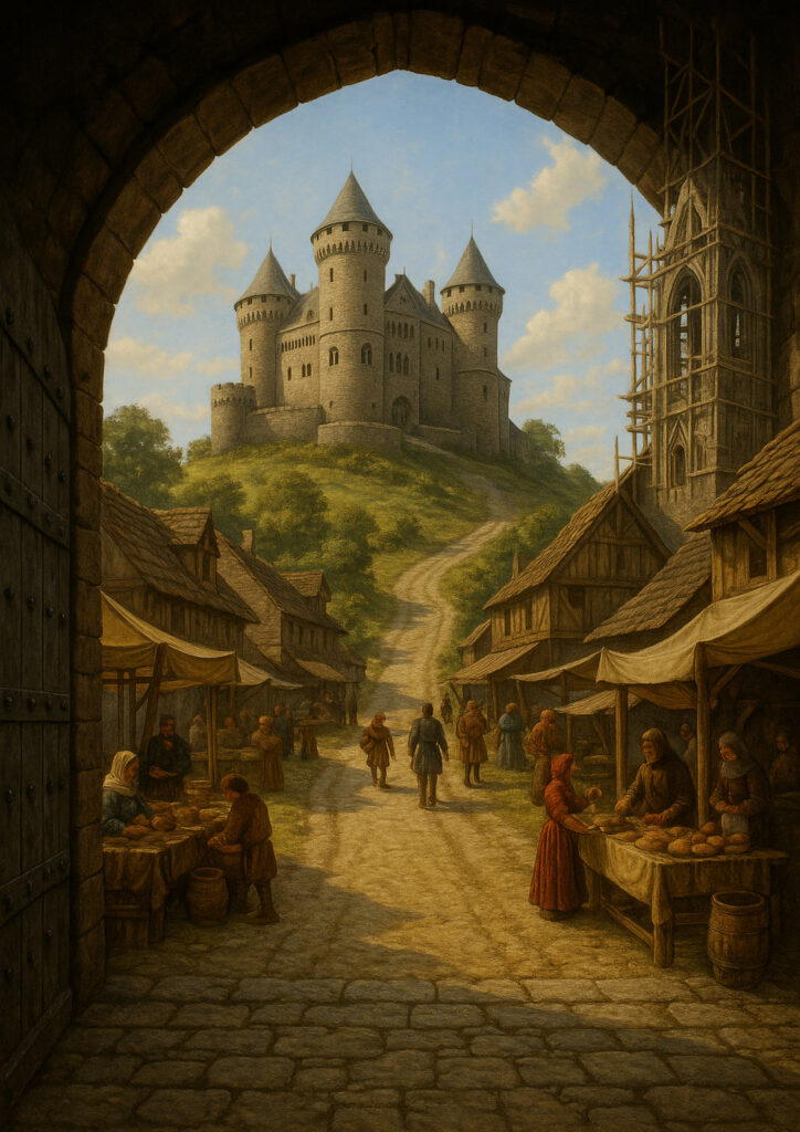 Fantasy castle towering over landscape, epic medieval fortress illustration, detailed stone architecture, fantasy castle wall art