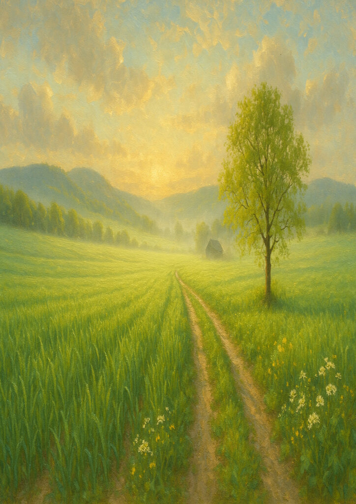 spring countryside landscape with green fields and blossoms