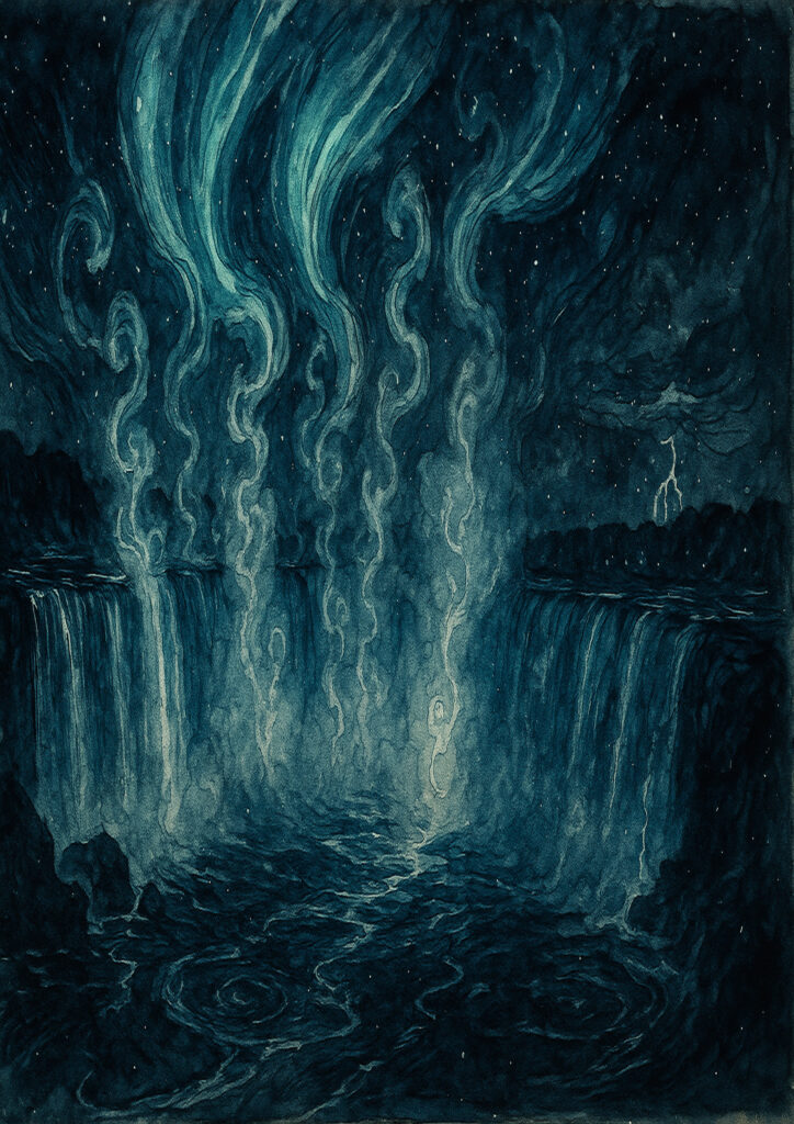 ink waterfall landscape illustration with flowing water