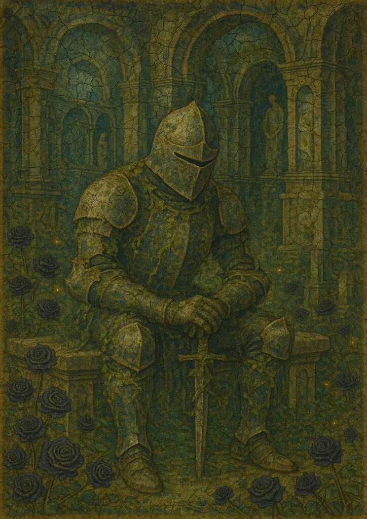 Medieval knight fresco style artwork, aged plaster wall texture, historic knight illustration inspired by medieval fresco painting