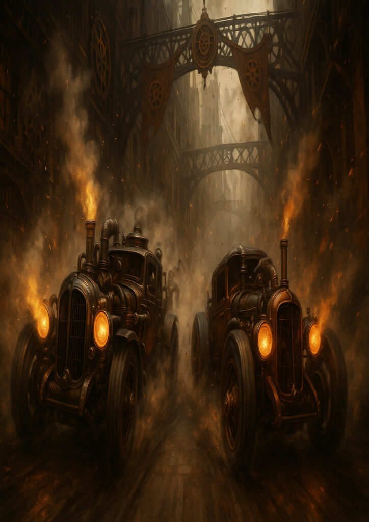 Mechanical steampunk vehicle illustration inspired by Victorian industrial design and clockwork engineering.