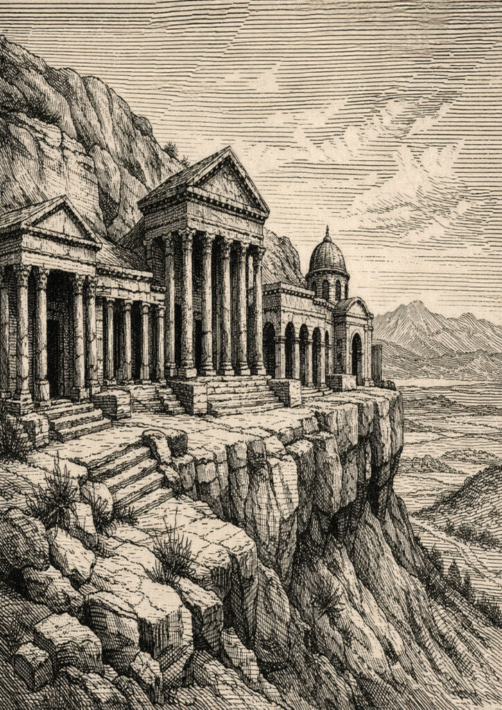 ruins landscape sketch showing collapsed buildings