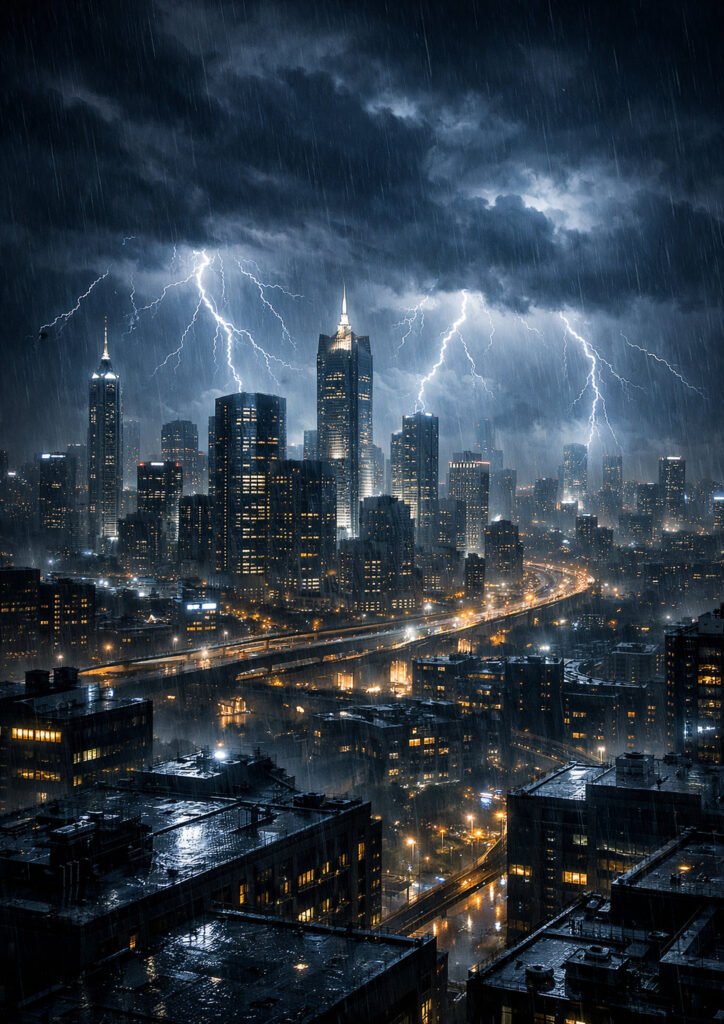 storm landscape artwork showing heavy clouds and rain