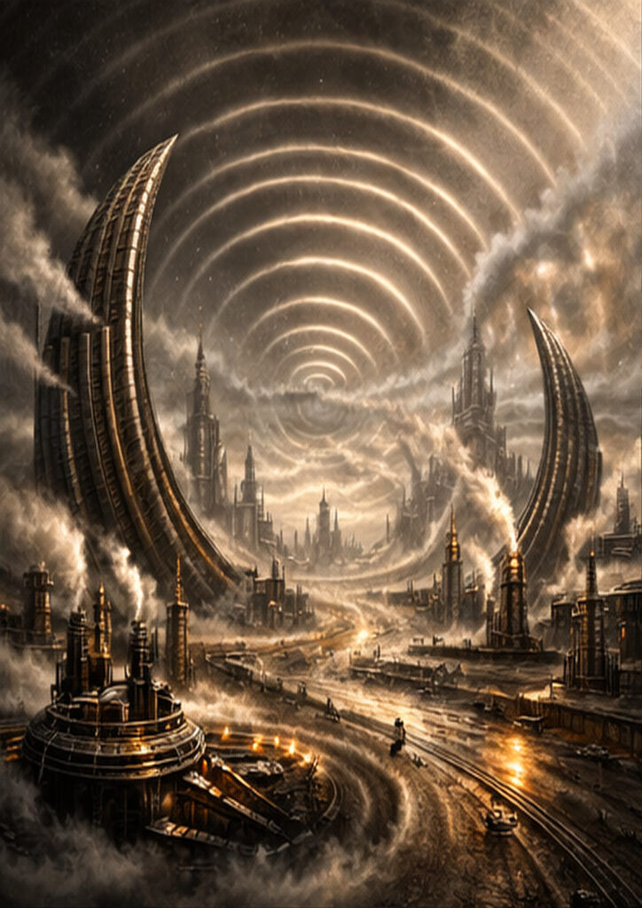 Steampunk landscape illustration portraying an alternate world dominated by steam engines and metal structures.