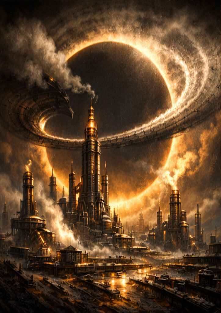 Steampunk landscape illustration portraying an alternate world dominated by steam engines and metal structures.