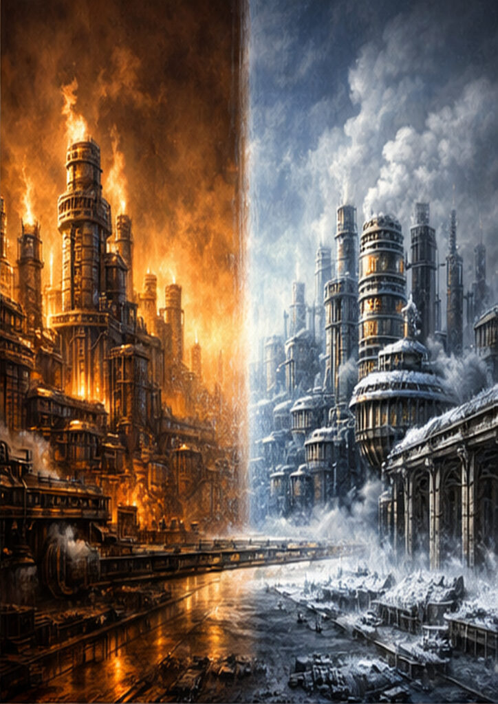 Steampunk landscape illustration portraying an alternate world dominated by steam engines and metal structures.