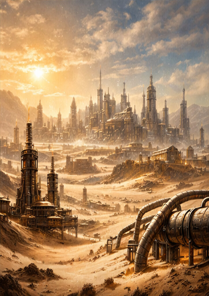 Steampunk landscape illustration portraying an alternate world dominated by steam engines and metal structures.