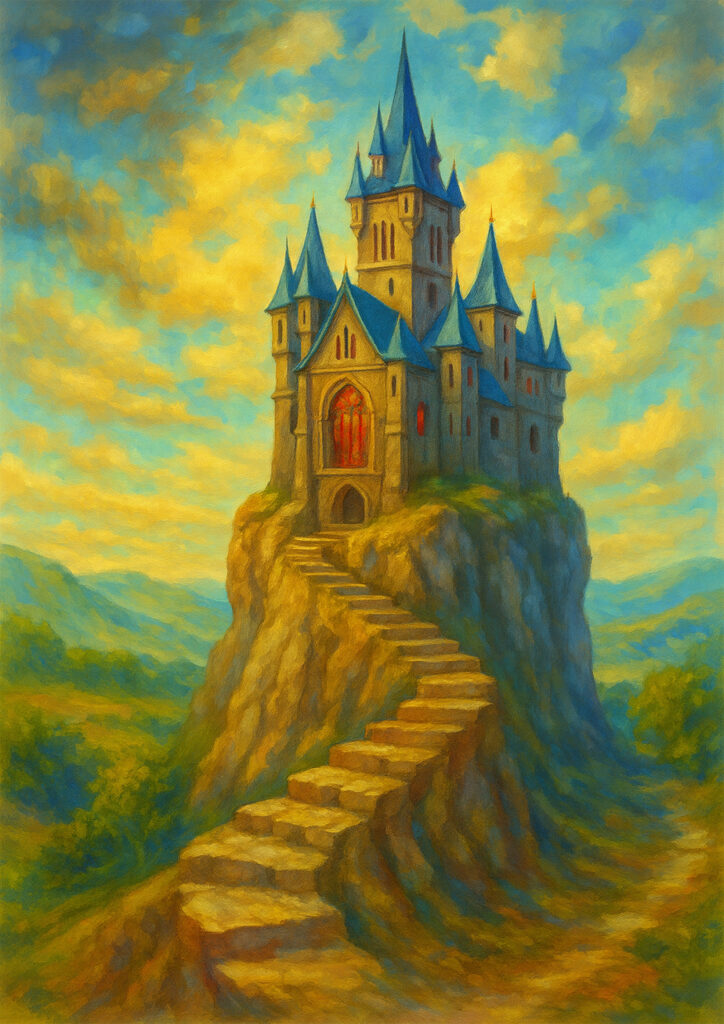 Fantasy castle towering over landscape, epic medieval fortress illustration, detailed stone architecture, fantasy castle wall art