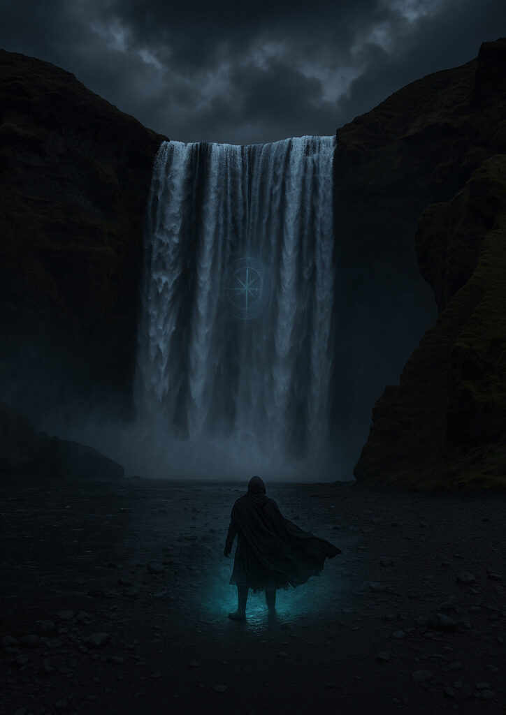 photorealistic waterfall landscape with flowing water