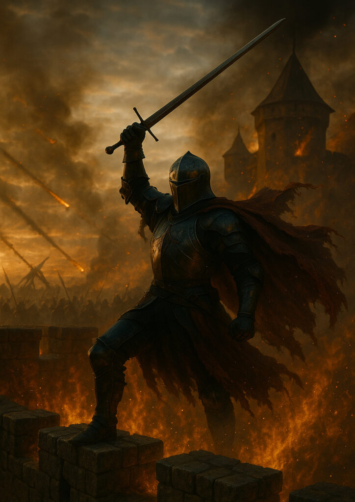 Photorealistic medieval knight in full plate armor, ultra realistic steel textures, cinematic lighting, high resolution knight wall art