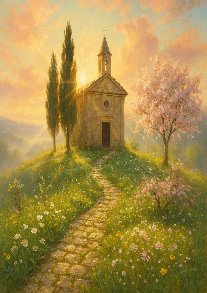 spring countryside landscape with green fields and blossoms