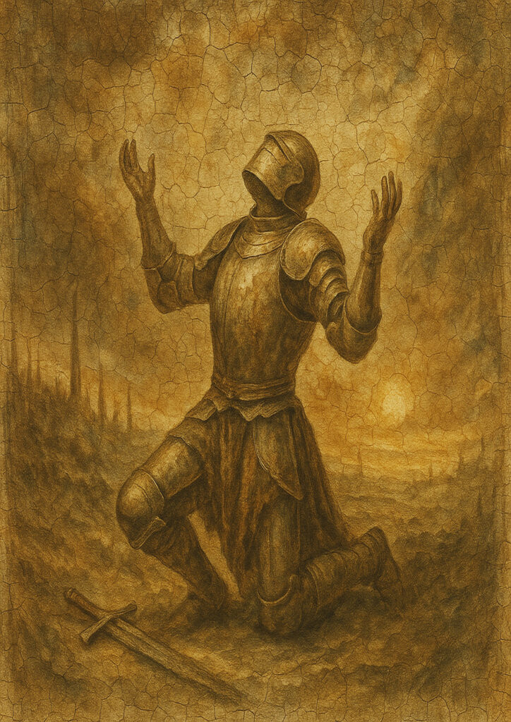 Medieval knight fresco style artwork, aged plaster wall texture, historic knight illustration inspired by medieval fresco painting