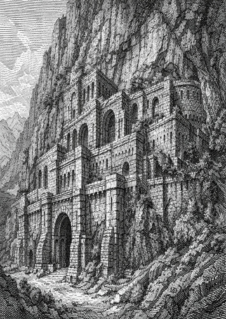 ruins landscape sketch showing collapsed buildings