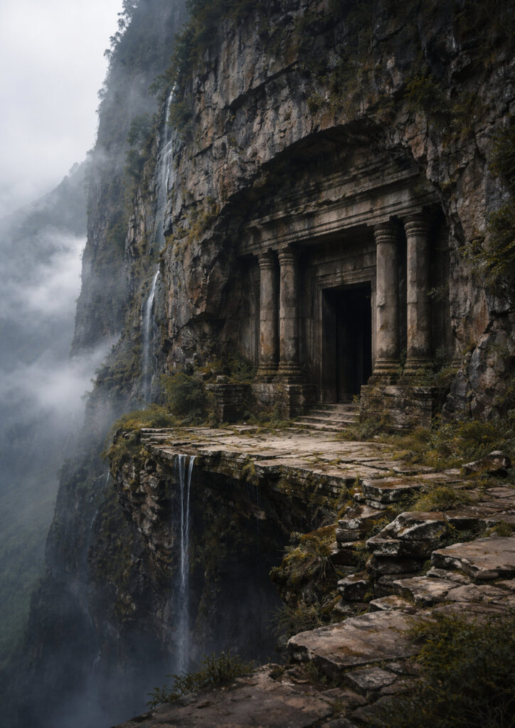 photorealistic ruins landscape showing ancient decay