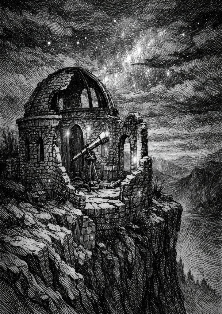 ruins landscape sketch with destroyed stone structures