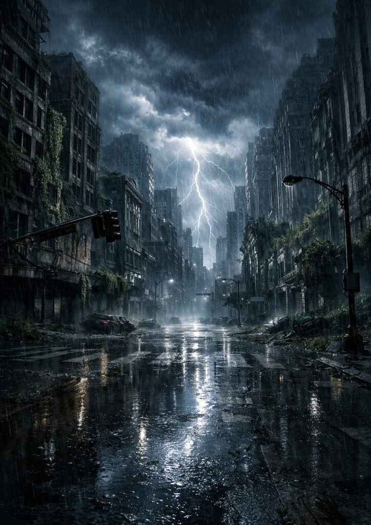 storm landscape with lightning and dramatic sky