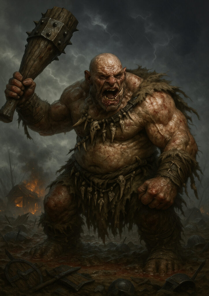 Epic warhammer inspired ogres battlefield scene