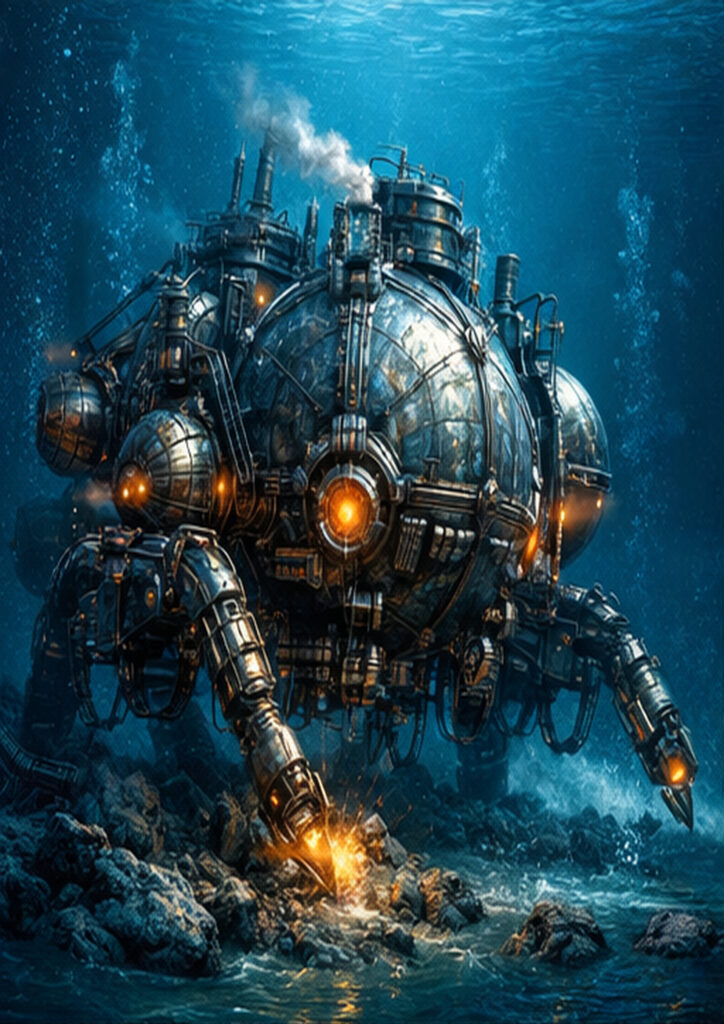 Mechanical steampunk vehicle illustration inspired by Victorian industrial design and clockwork engineering.