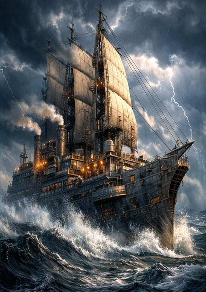 Steampunk vehicle design showing a retro-futuristic machine driven by steam-powered technology.