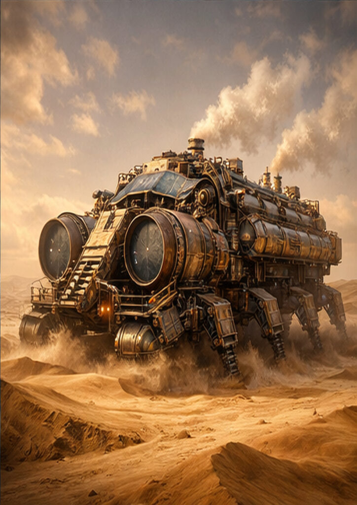 Steampunk vehicle design showing a retro-futuristic machine driven by steam-powered technology.