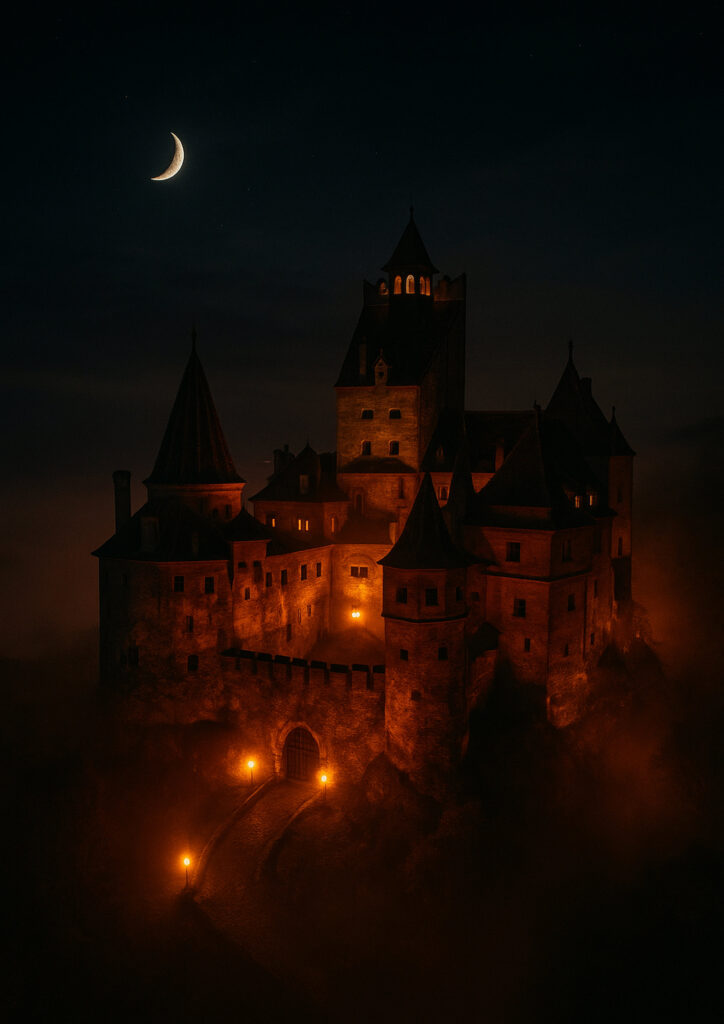 Photorealistic medieval castle, ultra realistic stone fortress with towers and walls, cinematic lighting, high resolution castle wall art