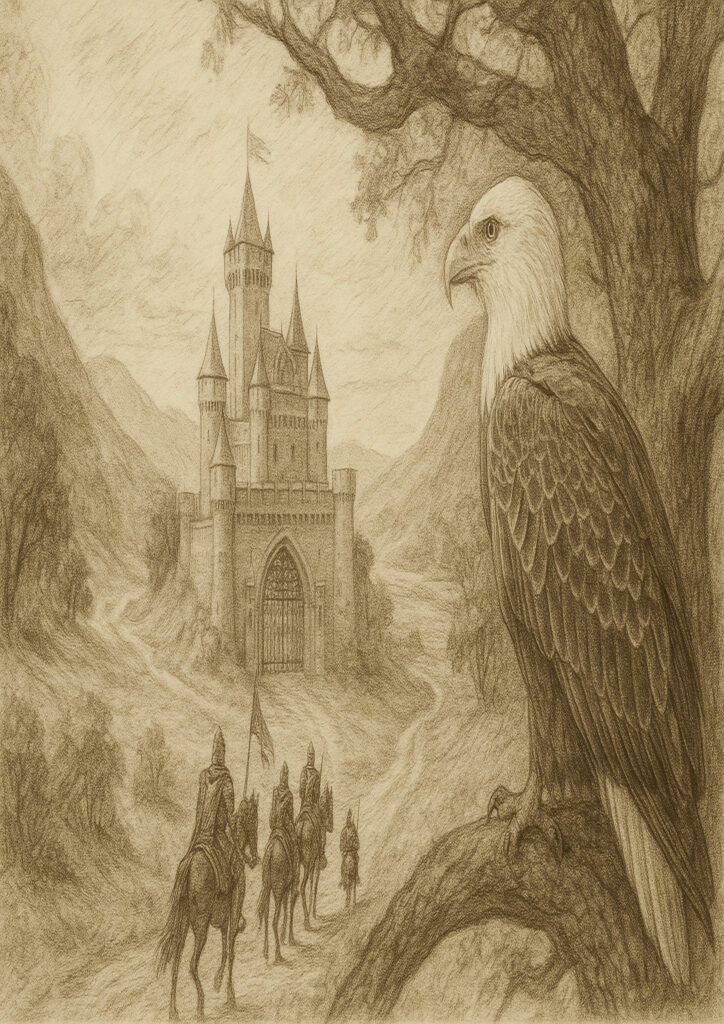 Sepia sketch of medieval castle, hand-drawn architectural illustration, classic castle line art with vintage sepia tones