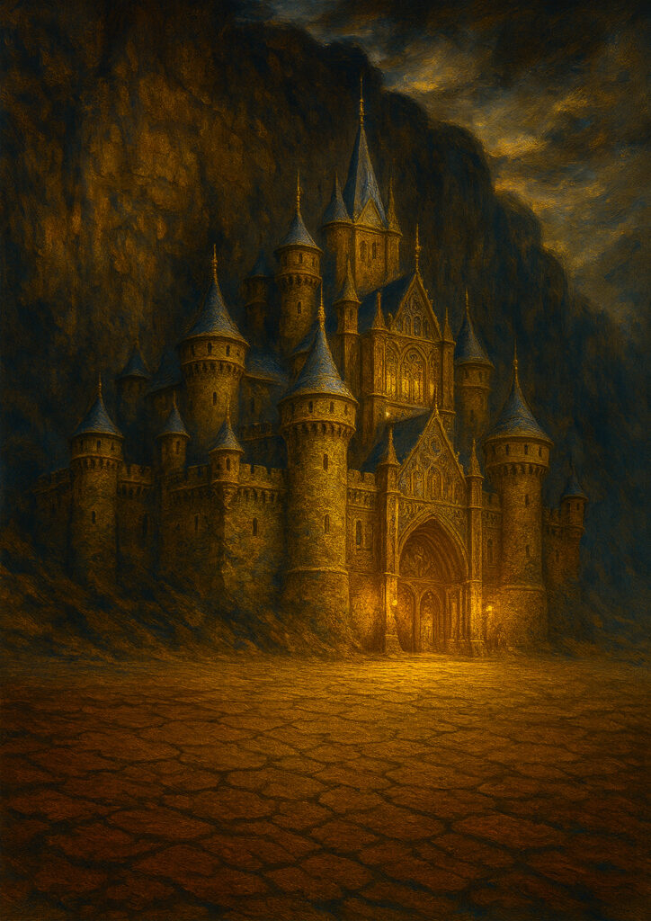 Painterly fantasy castle artwork, expressive brushstrokes, classic painted medieval fortress, artistic castle wall art
