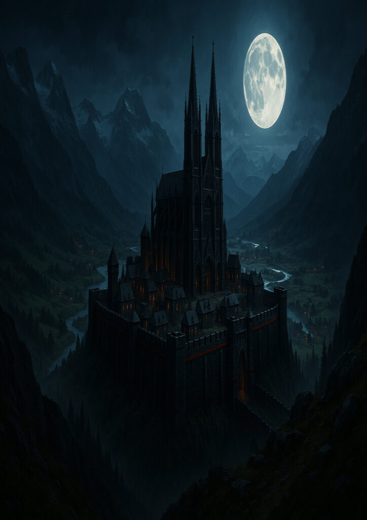 Fantasy castle towering over landscape, epic medieval fortress illustration, detailed stone architecture, fantasy castle wall art