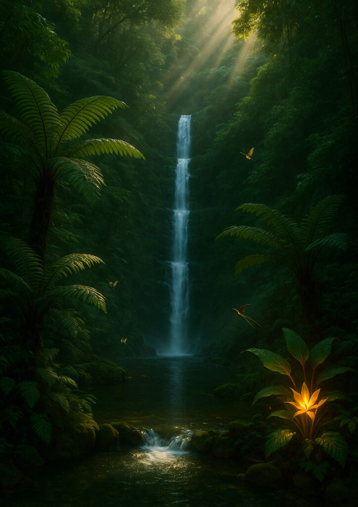 photorealistic waterfall landscape with flowing water