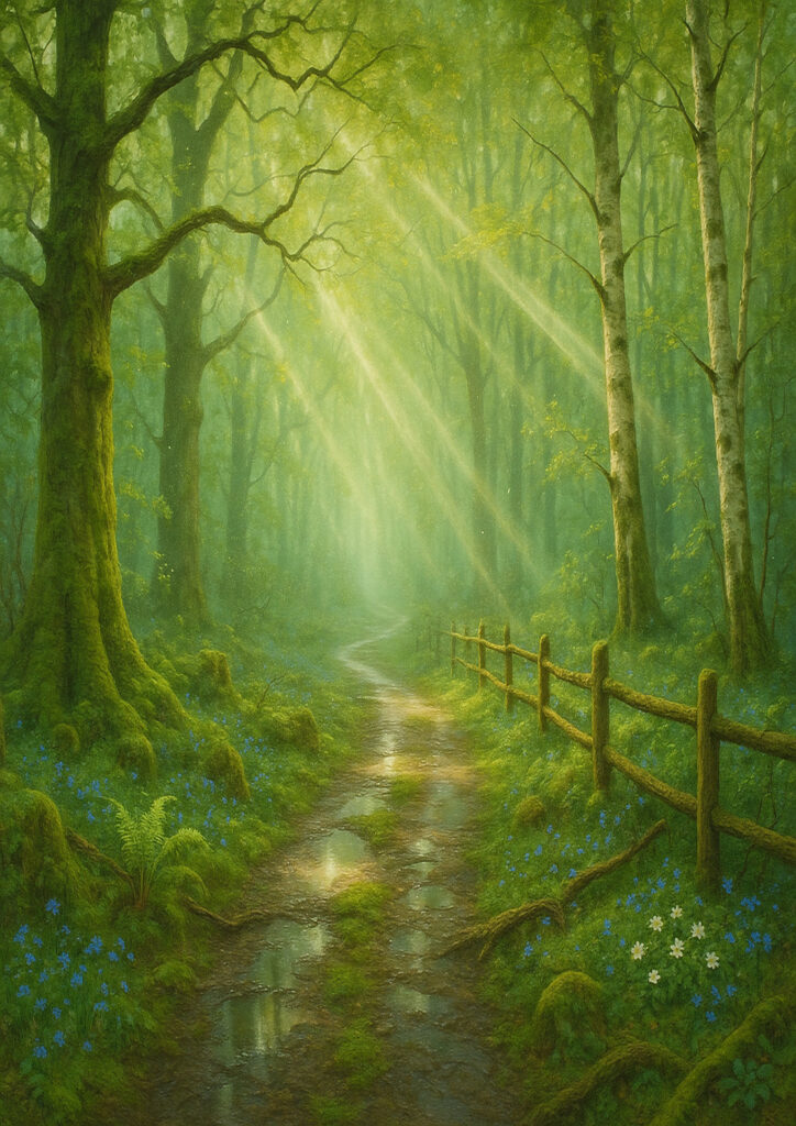 spring countryside landscape with green fields and blossoms