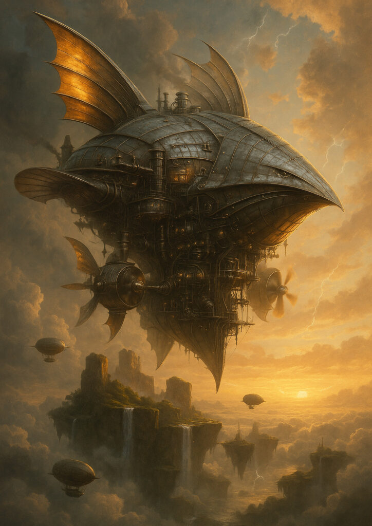 Mechanical steampunk vehicle illustration inspired by Victorian industrial design and clockwork engineering.