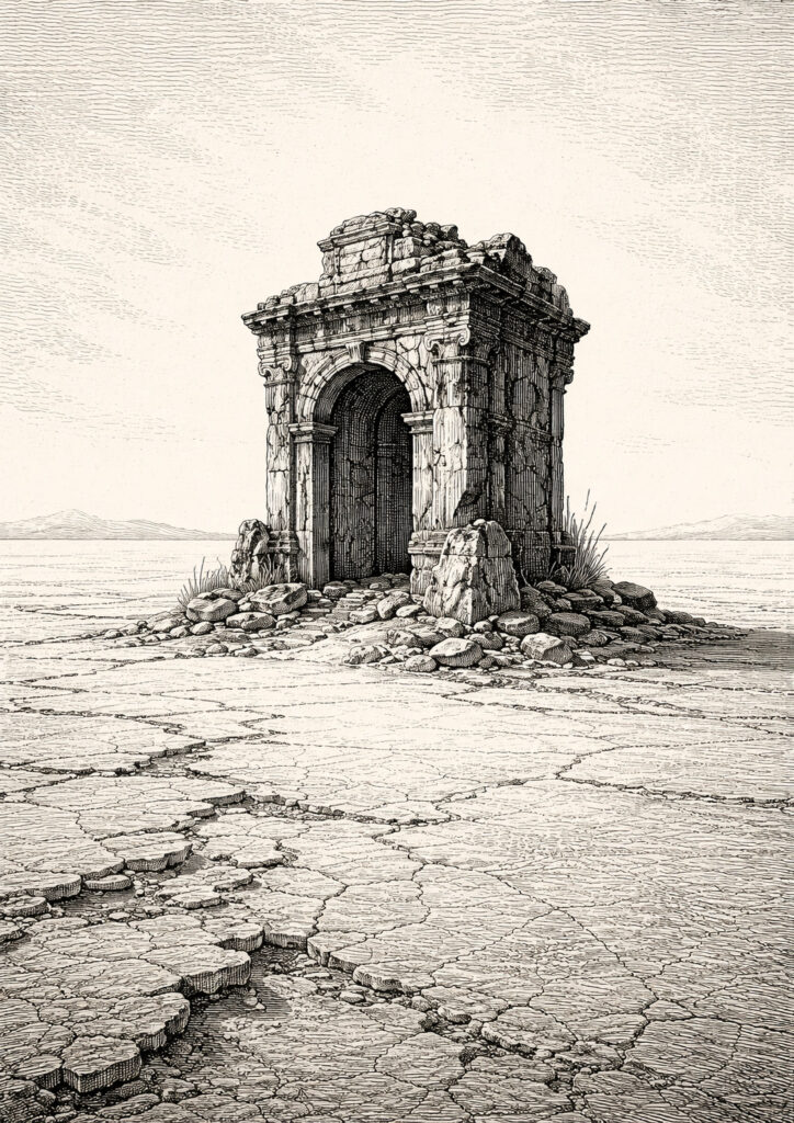 ruins landscape sketch showing collapsed buildings