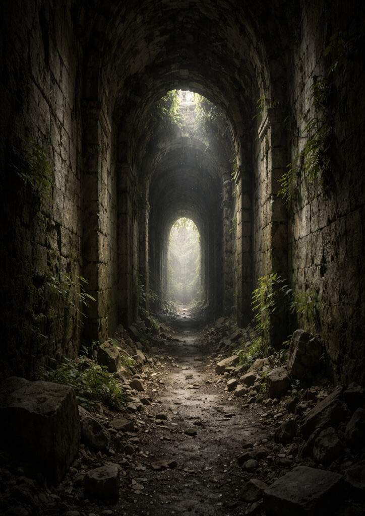 photorealistic ruins landscape showing ancient decay