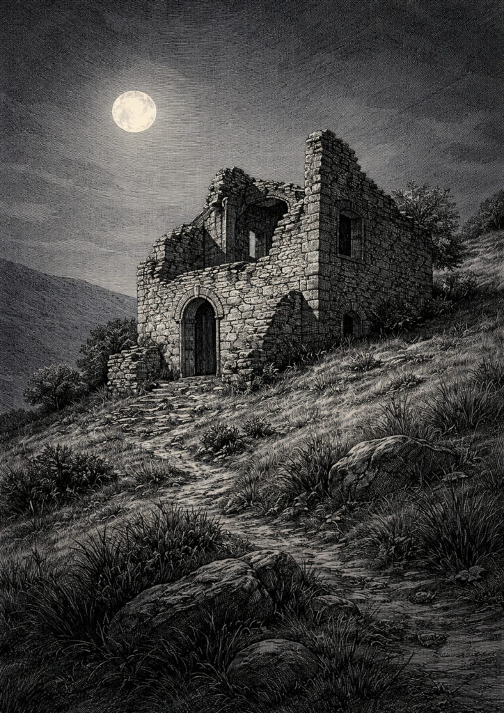 ruins landscape sketch with destroyed stone structures