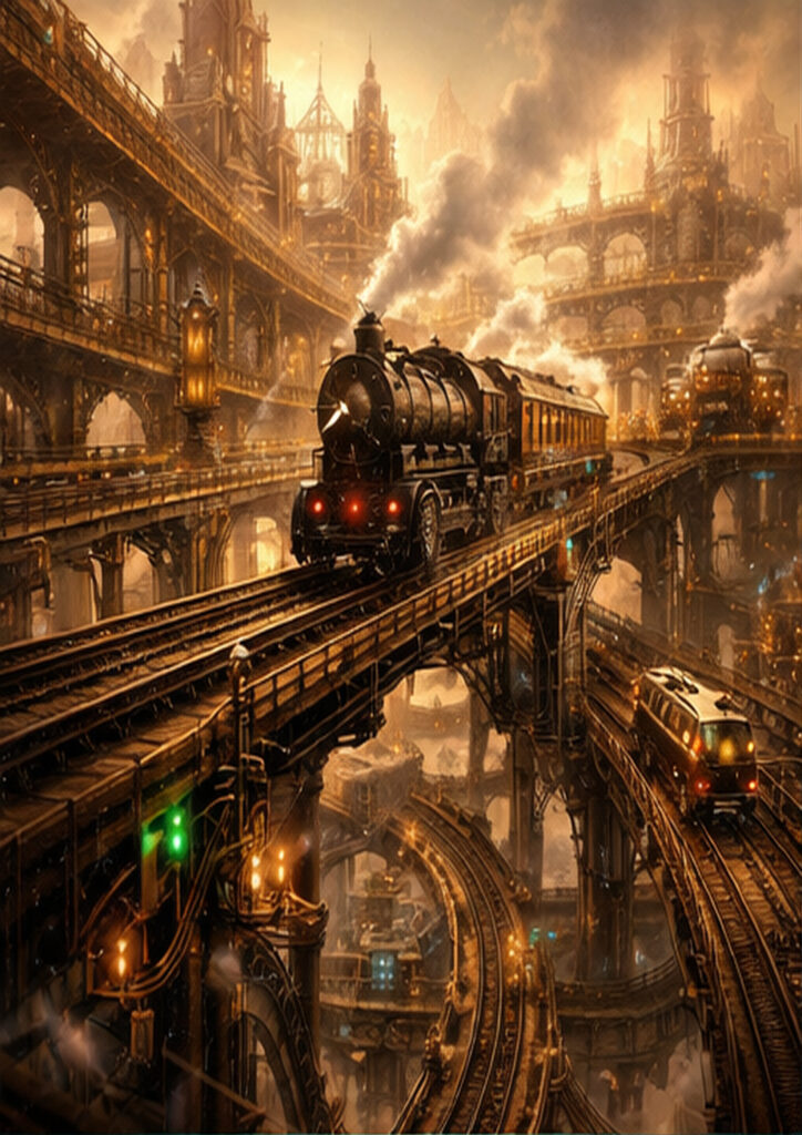 Steampunk landscape illustration portraying an alternate world dominated by steam engines and metal structures.