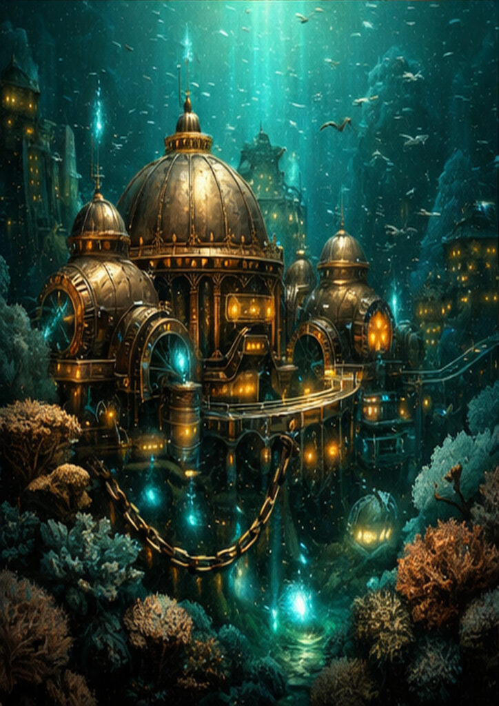Steampunk landscape illustration portraying an alternate world dominated by steam engines and metal structures.