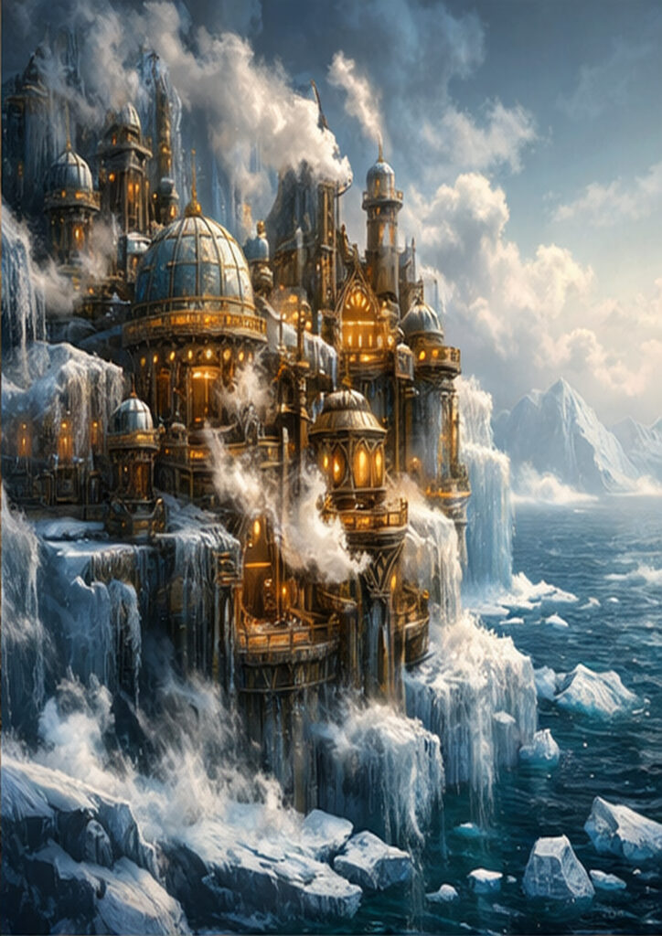 Steampunk landscape illustration portraying an alternate world dominated by steam engines and metal structures.