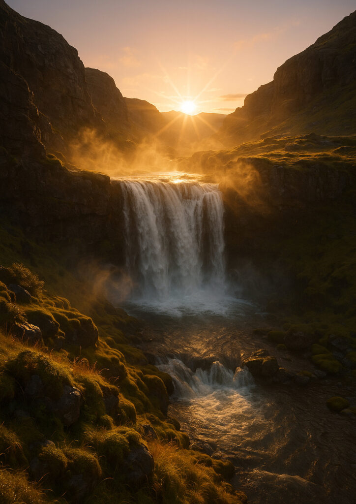 photorealistic waterfall landscape with flowing water