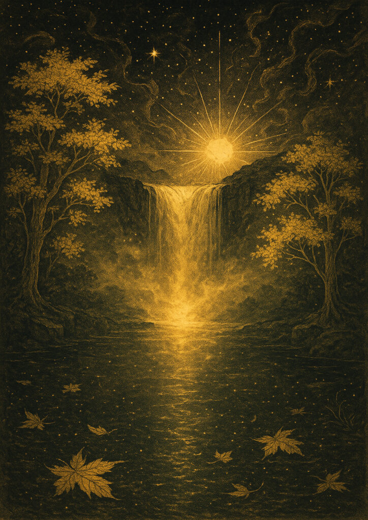 ink waterfall landscape illustration with flowing water