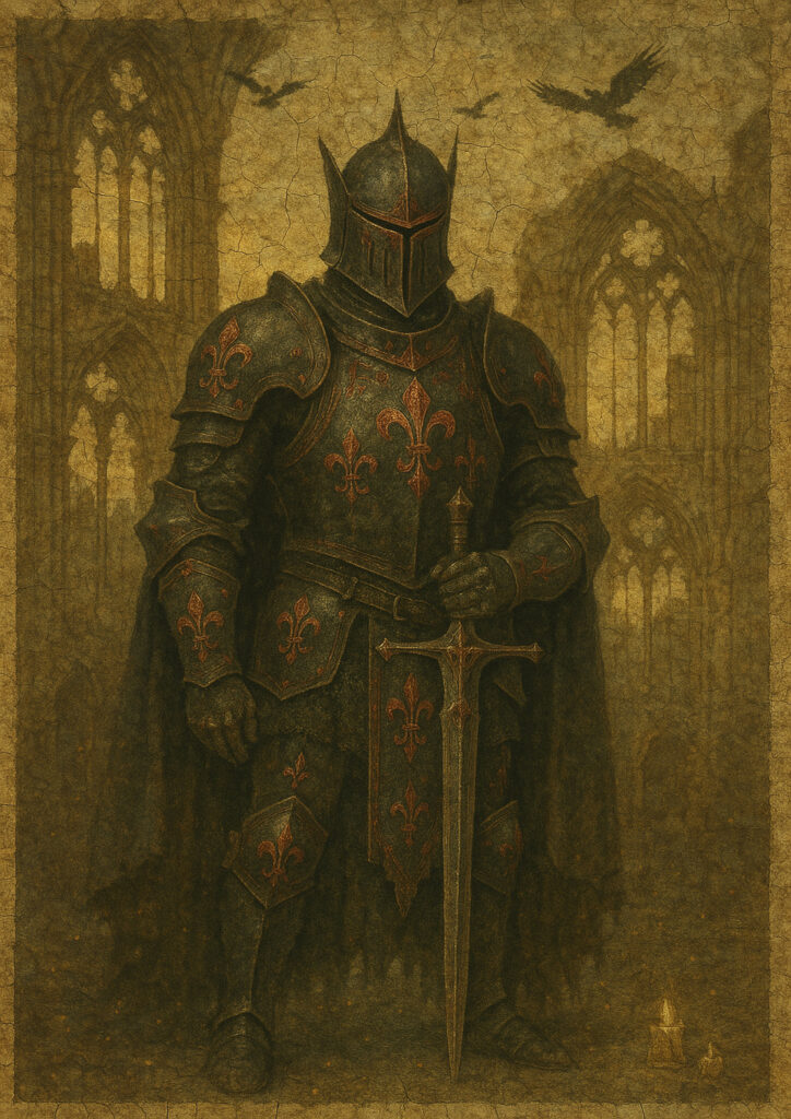 Medieval knight fresco style artwork, aged plaster wall texture, historic knight illustration inspired by medieval fresco painting