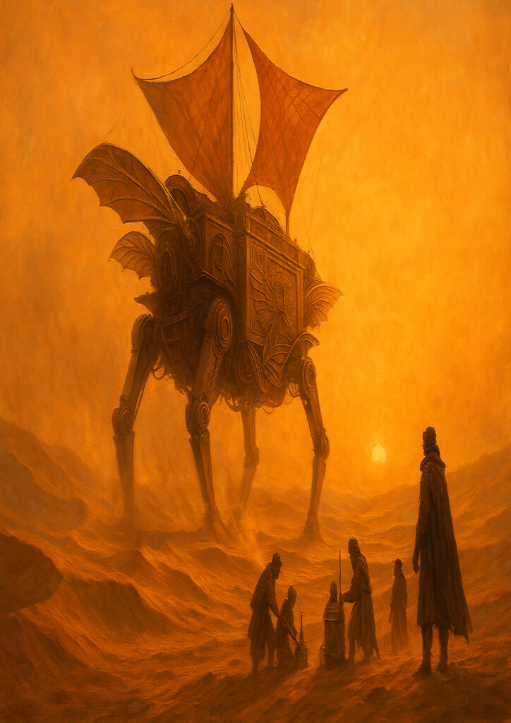 Steampunk vehicle design showing a retro-futuristic machine driven by steam-powered technology.