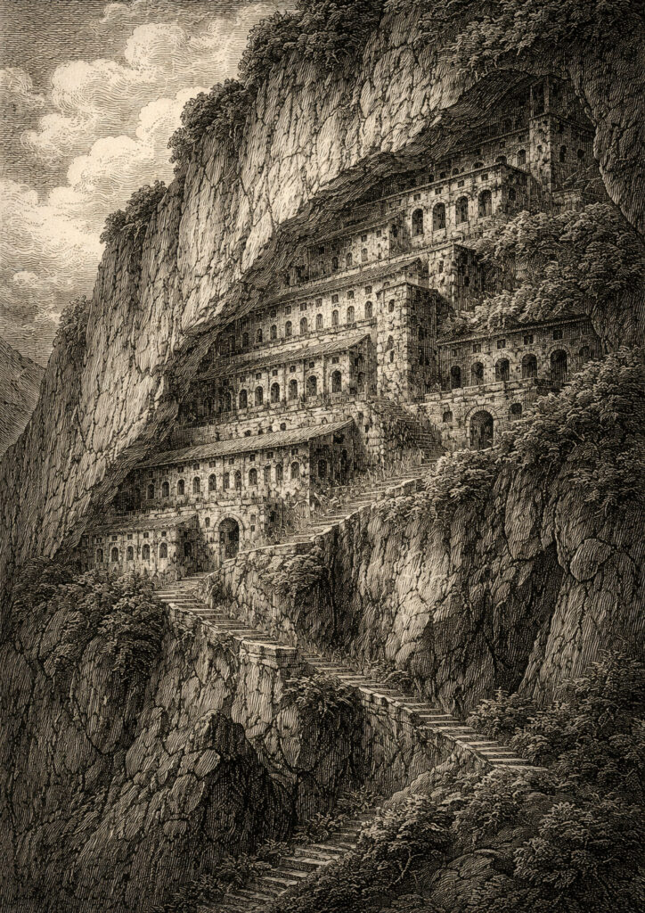 ruins landscape sketch showing collapsed buildings