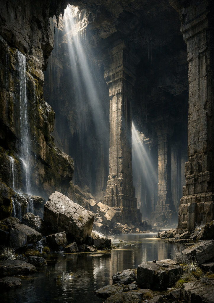 photorealistic ruins landscape showing ancient decay