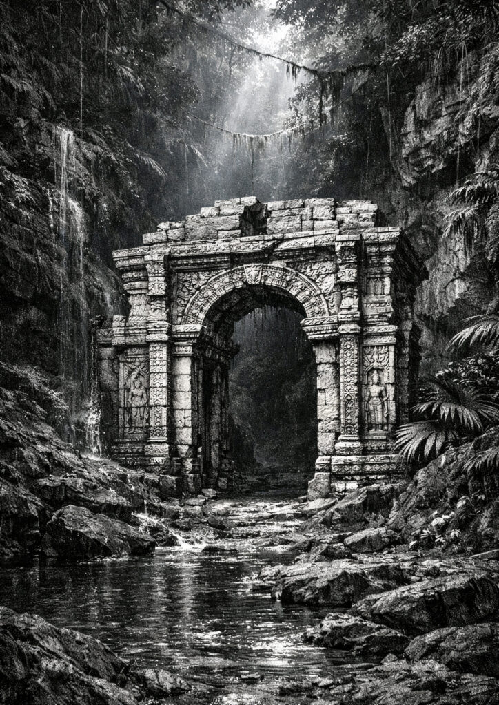 ruins landscape sketch illustration showing decay