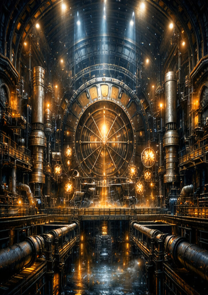 Steampunk landscape illustration featuring vast industrial architecture integrated into a mechanical world.