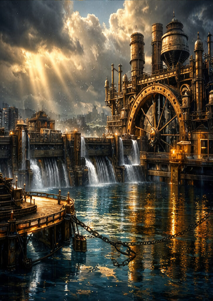 Steampunk landscape illustration featuring vast industrial architecture integrated into a mechanical world.