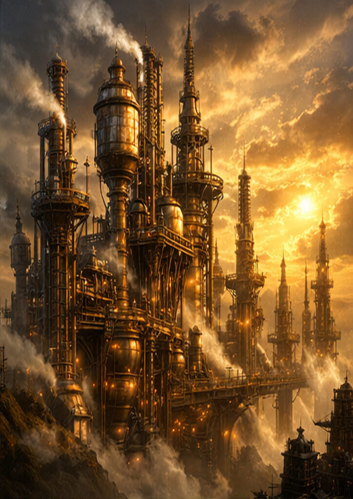 Steampunk landscape illustration featuring vast industrial architecture integrated into a mechanical world.