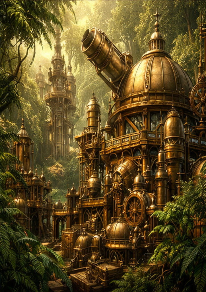 Steampunk landscape illustration featuring vast industrial architecture integrated into a mechanical world.