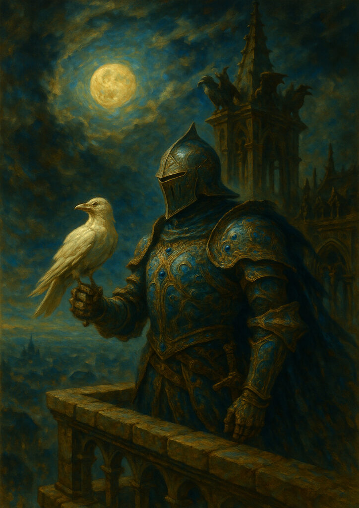 Fantasy knight in full plate armor, detailed medieval warrior illustration, epic knight fantasy wall art, high resolution printable