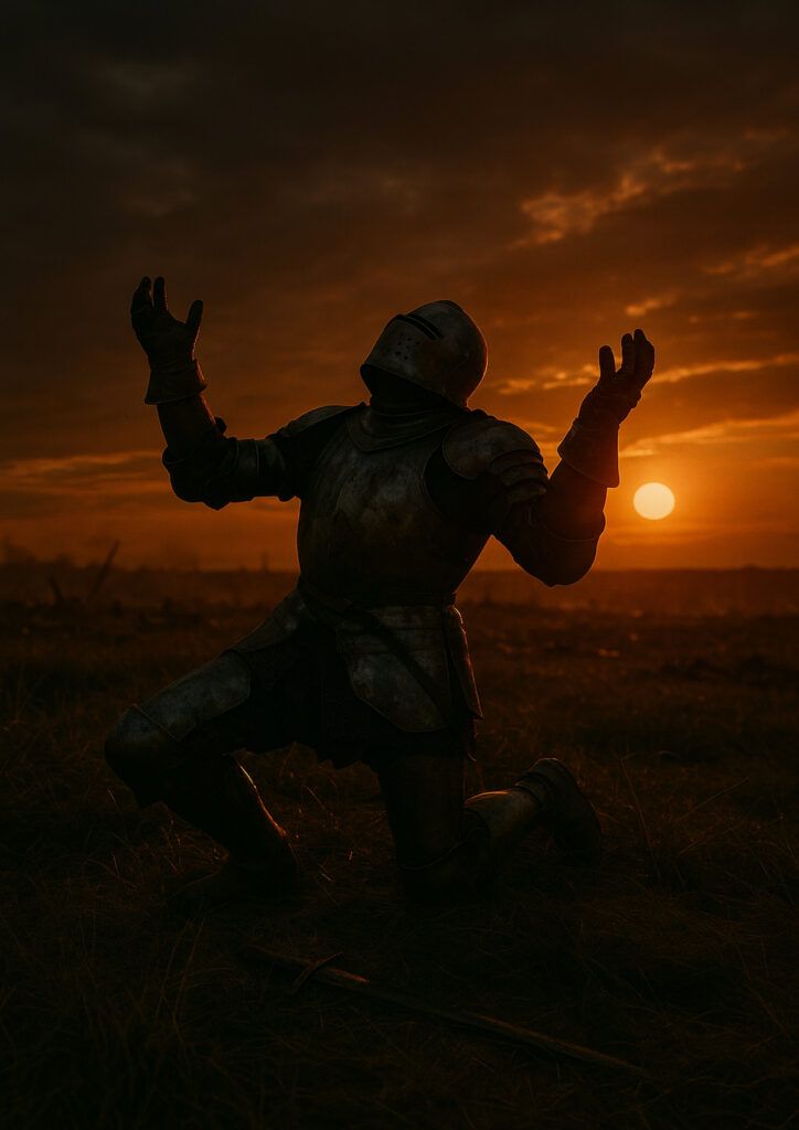 Photorealistic medieval knight in full plate armor, ultra realistic steel textures, cinematic lighting, high resolution knight wall art